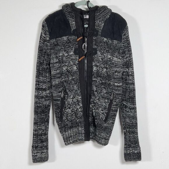Leif Nelson Zip Up Hooded Slim Fit Cardigan Sweater Mens Sz L Marled Black - Picture 1 of 12
